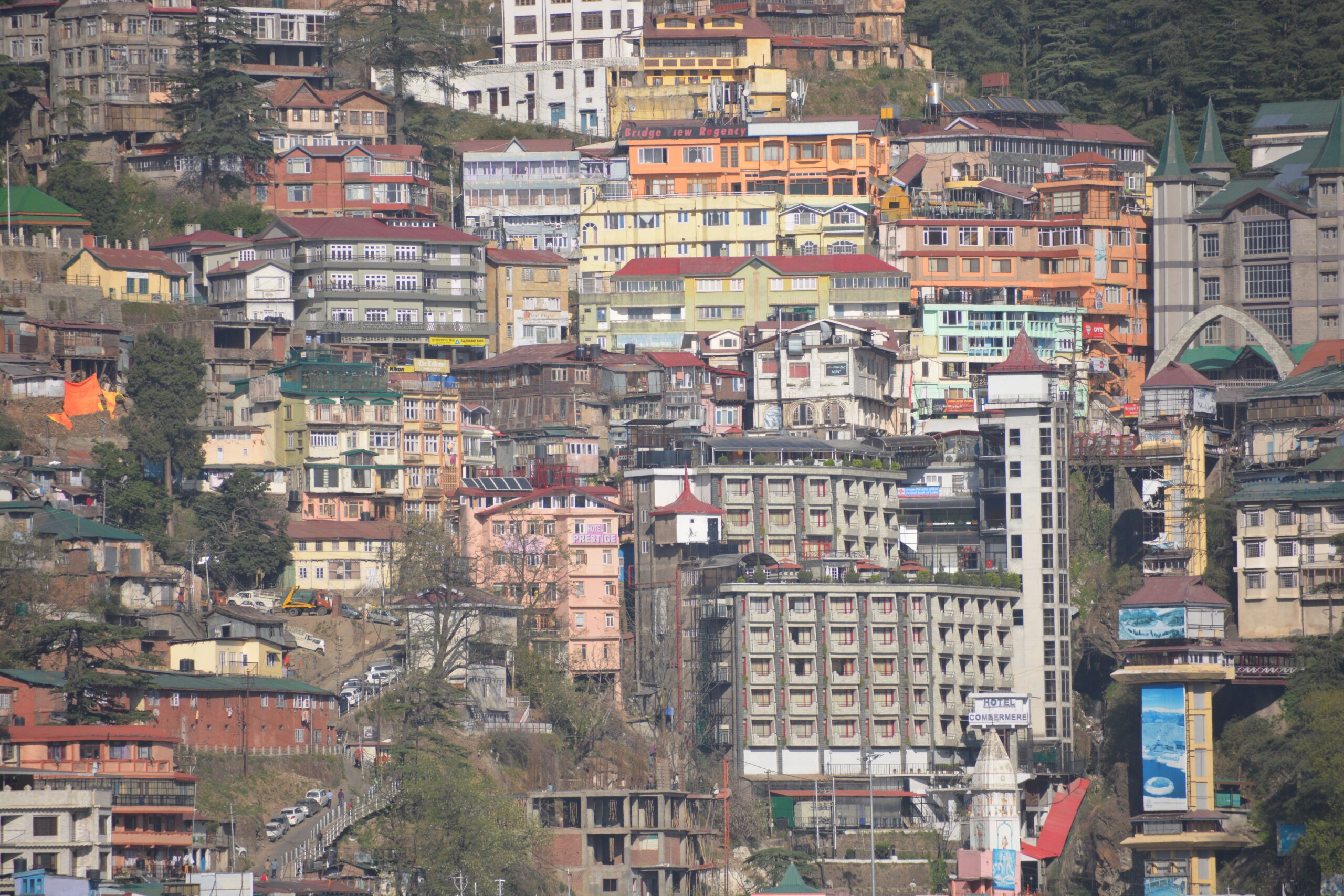 Vibrant hillside architecture in Shimla, Himachal Pradesh, India.